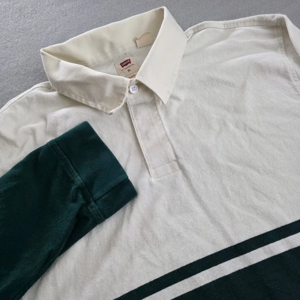 Levis Mens Relaxed Fit Rugby Shirt XL Cream Green Color Block Long Sleeve Polo